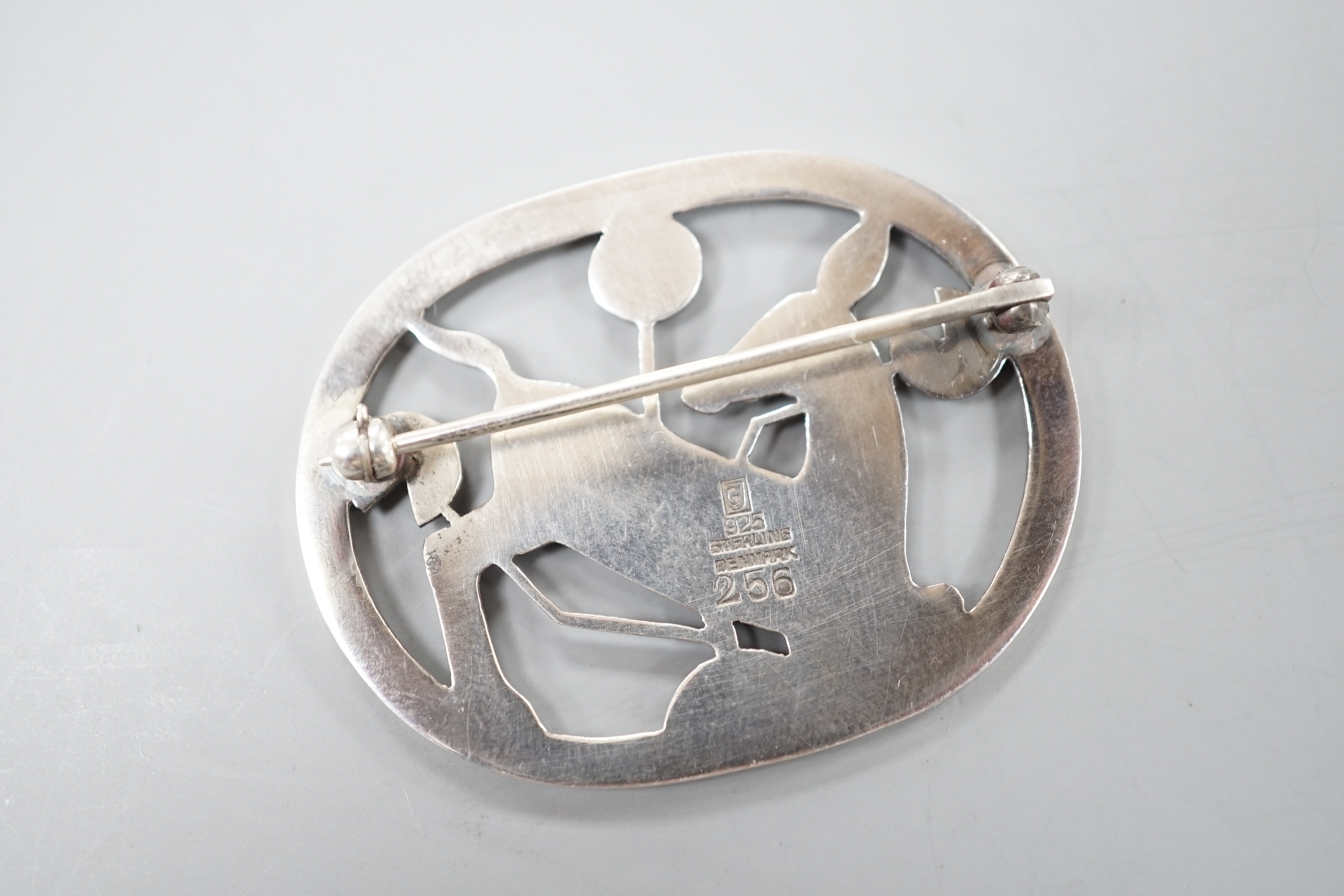 A Georg Jensen sterling 'knelling deer' oval brooch, no. 256, 42mm.